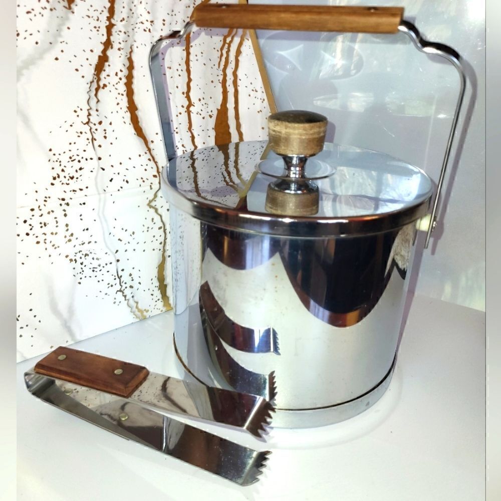Vintage Mint 1960's Atapco Chrome Teakwood Handle/Top Ice Bucket w/Tongs USA 